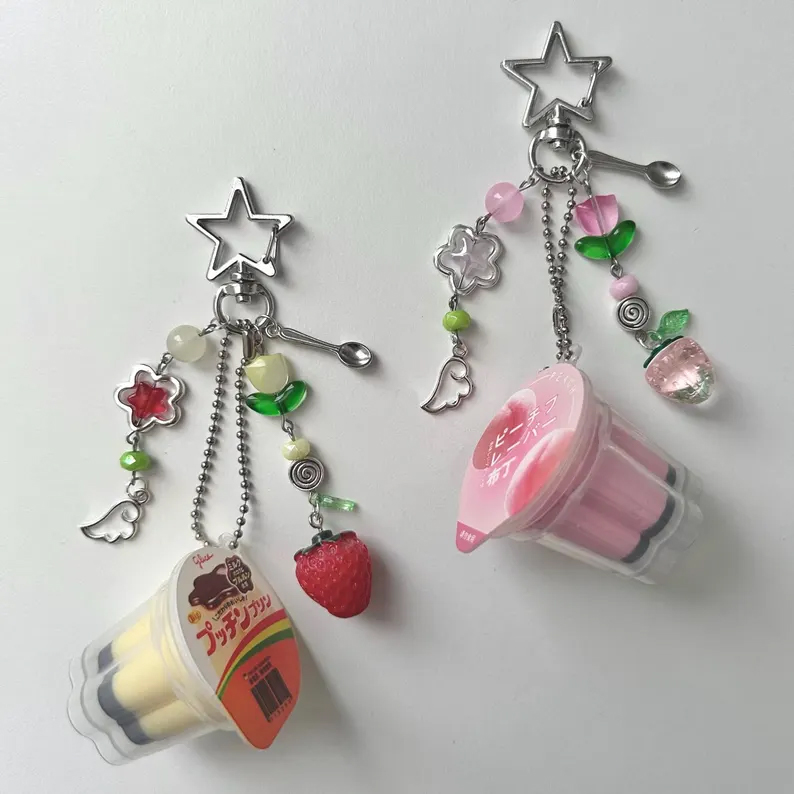 Phone Accessories Aesthetic - Japanese Pudding Keychain, Pink Yellow Egg